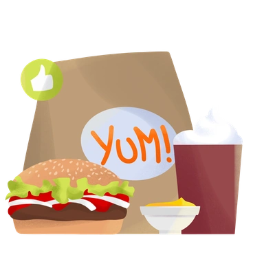 A burger, drink, and sauce in a bag - Shine style illustration