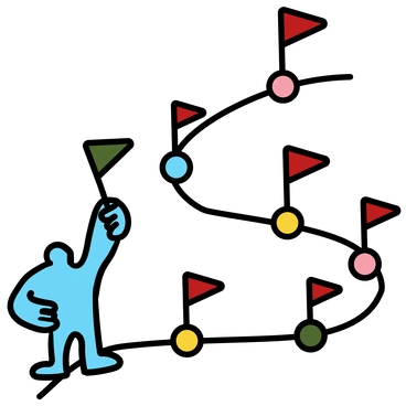 A blue figure reaching for colorful shapes - Wiggle style illustration