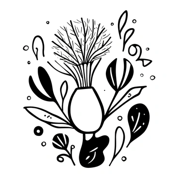 A black-and-white illustration of a detailed fennel plant with feathery leaves and bulbous base. The fennel is surrounded by various abstract shapes and patterns that appear to radiate outward. Each abstract element is intricately designed, creating a striking contrast with the plant's structure. The composition is balanced, with the fennel plant in the center and the abstract elements weaving around it. The overall design emphasizes the unique textures of the fennel while intertwining with the geometric forms surrounding it.
