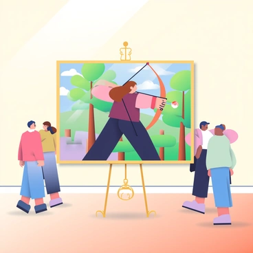 An art gallery features a large, framed painting depicting an archery scene. The painting showcases a skilled archer, a woman with long, flowing brown hair, pulling back on a taut bow, aiming at a distant target. She is dressed in a traditional archery outfit, consisting of a deep burgundy vest and black trousers. Surrounding her are tall trees with vibrant green leaves, indicating a lush forest environment. The background of the painting fades into a soft blue sky with wispy white clouds. In the gallery, the walls are a light cream color, and the floor is a polished wooden surface. The painting is prominently displayed on an elegant, gold-colored easel, and there are small groups of visitors in the gallery, admiring the artwork.