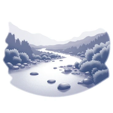 A river flowing through a valley. The river has gentle curves and reflects the surrounding landscape. The valley is filled with various vegetation, including trees and bushes that are densely packed along the riverbanks. There are smooth stones scattered along the riverbed, partially submerged in the water. The scene captures the essence of movement and continuity.