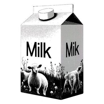 A retro-style milk carton is prominently displayed, featuring a detailed illustration of "a happy sheep" with a smiling face, standing in a lush meadow. The sheep is fluffy with textured wool, and its tail is slightly raised, suggesting playfulness. Surrounding the sheep are various types of grass and small flowers, adding to the meadow's charm. The background features a clear sky, and a few fluffy clouds are drifting lazily above. The carton has bold, vintage lettering that reads "Milk" in a large font style.