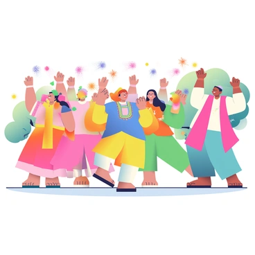 A group of people is dancing joyfully during the Holi festival. They are wearing traditional, colorful clothing, with bright saris and kurtas in various shades of pink, yellow, blue, and green. Each person has their hands raised, throwing colorful powders, creating a vibrant cloud of colors in the air. The ground is scattered with splashes of purple, orange, and red, reflecting the cheerful atmosphere. Some individuals are laughing and smiling, while others are captured mid-movement, showcasing their enthusiasm. In the background, there are trees with green leaves, adding to the lively scene.