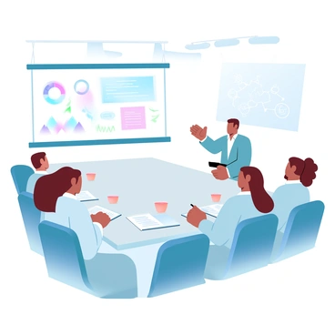 A group of employees is seated at a long conference table, focused on a trainer standing at the front. The trainer is gesturing towards a large projector screen displaying various concepts in colorful graphics and text. The employees are engaged, taking notes on their laptops and papers in front of them. Bright overhead lights illuminate the room, creating a professional atmosphere. A whiteboard is visible in the background with notes and diagrams written in marker.