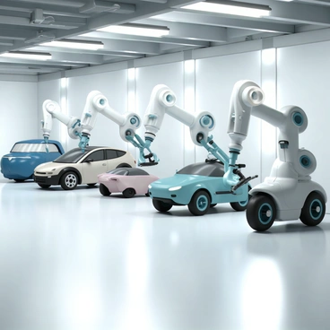 A futuristic garage, showcasing sleek metallic walls and illuminated surfaces. Multiple robotic arms are actively engaged in parking a variety of vehicles, including a shiny electric car, a compact drone, and a motorbike with a streamlined design. The robotic arms are composed of intricate mechanical structures, grabbing and maneuvering each vehicle with precision. Bright overhead lights cast reflections on the polished floor, enhancing the modern atmosphere of the garage.