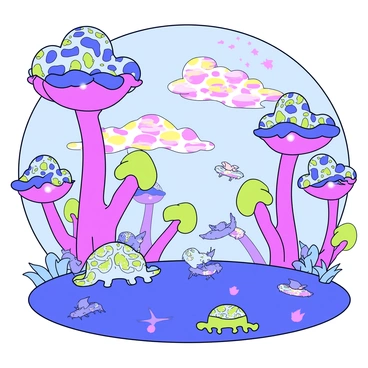 A vibrant alien planet landscape featuring towering plants with unusual shapes and bright colors. The plants have spiraling trunks and large, luminescent leaves that glow in shades of purple and green. Scattered throughout the scene are strange creatures with intricate patterns on their skin, some are floating gently in the air, while others roam the ground. The sky above is filled with swirling clouds in multiple colors, casting a surreal light across the landscape.