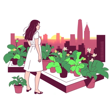 A woman with long hair is standing in an urban rooftop garden, looking out at the city skyline. She is wearing a light summer dress and has one hand resting on her hip. Surrounding her are vibrant green plants in various pots, and colorful flowers in bloom. In the background, tall skyscrapers are silhouetted against a clear sky. The sun is setting, casting a soft light that creates a warm atmosphere in the garden. The scene captures a blend of nature and urban architecture, emphasizing the contrast between the lush greenery and the towering buildings.