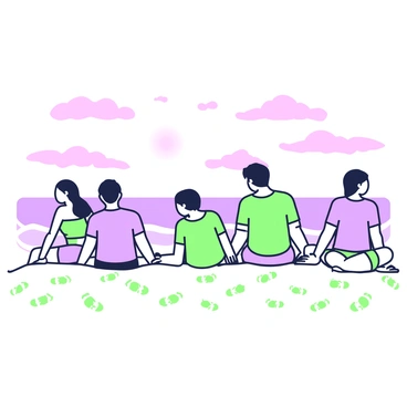 A group of people is sitting on the sand of a beach, facing away from the viewer. Each person has an individual silhouette, some with long hair, while others have shorter hairstyles. The sand is detailed with footprints leading to the water. In front of them, gentle waves roll onto the shore. The sky is filled with a gradient of colors creating a sunset ambiance, with soft clouds scattered throughout. Each person is wearing casual beach attire, such as shorts and t-shirts. A few of them are leaning back on their hands, while others are sitting cross-legged.