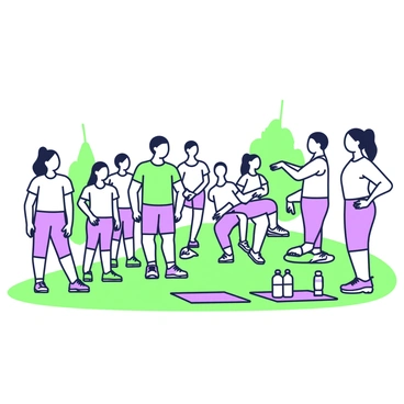A large group of participants is gathered outdoors in a natural setting, engaged in scapular retraction exercises. Each person is wearing athletic clothing, with some in t-shirts and others in tank tops and shorts. They are arranged in rows, following the instructions of a coach at the front. The coach, a woman with long hair pulled back into a ponytail, demonstrates the proper form with her arms extended back. Some participants are actively mimicking her movements, while others are observing and taking notes. The scene is filled with green grass underfoot and a few trees in the background, providing a calm environment for the exercise session. In the foreground, water bottles and mats are placed neatly on the ground.