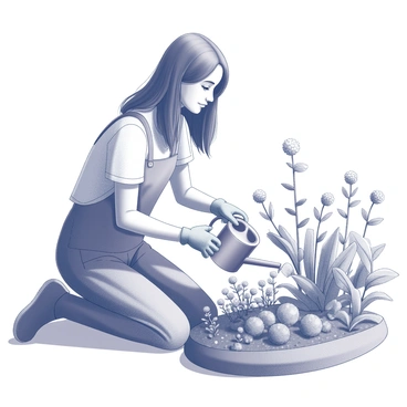 An individual with long hair is kneeling beside a small garden. The person is focused on a cluster of various plants, utilizing a watering can to carefully nourish them. The garden is filled with an assortment of foliage, including leafy greens and budding flowers. The individual is wearing gardening gloves and has a look of concentration on their face as they nurture the growth of the plants. Sunlight is filtering through a few surrounding trees, casting gentle shadows on the ground.