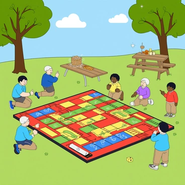 A large, colorful snakes and ladders game board is spread out on the grass in a community park. The board features vibrant squares in red, yellow, green, and blue, with various illustrations of snakes and ladders throughout the layout. Children of different ages are gathered around the board, some kneeling on the ground while others are standing, eagerly pointing at the squares. A few children are holding oversized dice, ready to take their turn. In the background, there are trees with green leaves, and a bright blue sky overhead, with fluffy white clouds. A picnic table with snacks and drinks can be seen nearby, adding to the lively atmosphere of the park.