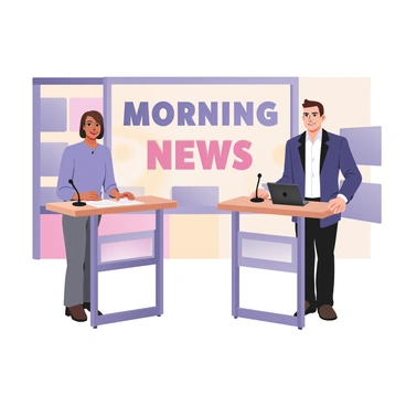 A digital flat illustration of a morning news show set. There are two hosts: a woman on the left with medium skin, brown hair styled in a bob, wearing a light blue blouse and dark gray pants, and a man on the right with light skin and short brown hair, dressed in a navy blazer over a white shirt and black pants. Both are smiling at the camera. The background features a large "Morning News" sign in bold letters, alongside colorful graphics depicting news highlights. There are two news desks in front of the hosts, each equipped with microphones and notepads. A bright, sunny window is visible in the background, suggesting early morning light.