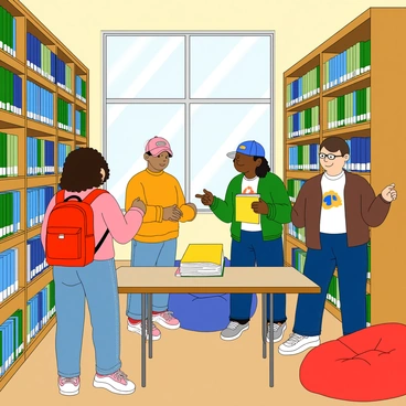 A group of four students is inside a bright school library, surrounded by tall shelves filled with colorful books. Two students, one with short curly hair and wearing glasses, are browsing a shelf filled with blue and green books, while the other, with long straight hair and a red backpack, examines a book with a bright yellow cover. Another student, with a baseball cap and a graphic t-shirt, is chatting with a friendly librarian who has short hair and is wearing a cardigan. The librarian is pointing to a stack of books on a nearby table. A large window allows sunlight to stream in, illuminating the lively atmosphere of the library. There are also a few cozy bean bags scattered around the room for reading.