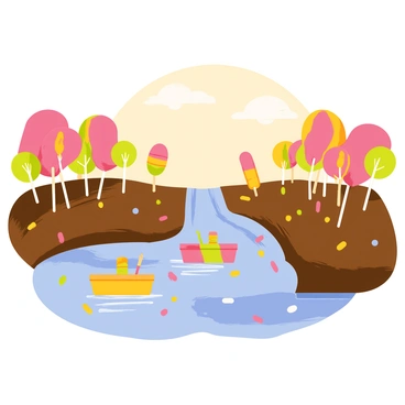 A river of flowing fudge with candy boats floating along its path