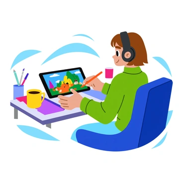 A digital artist sitting at a modern desk, intently focused on a graphics tablet. The artist has short brown hair and is wearing headphones. Bright colors are seen on the screen as they create a vibrant digital illustration featuring whimsical characters and landscapes. The workspace is illuminated by soft lighting, and various art supplies like pens and sketchbooks are scattered around. A coffee mug sits beside the tablet, adding to the creative atmosphere.