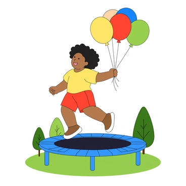 A young child with medium skin and curly black hair is bouncing joyfully on a blue trampoline. The child is wearing a bright yellow t-shirt and red shorts. In one hand, the child is tightly holding onto a bunch of colorful balloons in various shades, including red, blue, green, and yellow, which are floating above. The trampoline is surrounded by a green lawn, and a few trees can be seen in the background, slightly swaying in the breeze. The sky is clear and blue, adding to the cheerful atmosphere of the scene.