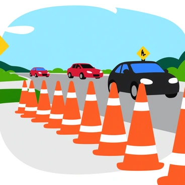 Several bright orange traffic cones are positioned in a staggered line, clearly marking a construction zone. Each cone has a white reflective stripe near the top to enhance visibility. In the background, a few cars are driving past, showcasing various colors such as red, blue, and black. The scene is set on a paved road with a clear blue sky overhead. A construction sign can be seen in the vicinity, indicating that the area is under work.