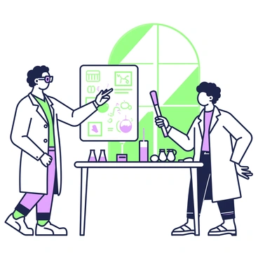 Two scientists are engaged in a discussion about their project in a laboratory setting. One scientist, with glasses and wearing a lab coat, is holding an iron rod in their right hand while pointing at a whiteboard filled with diagrams and equations. The second scientist, with curly hair and wearing a safety goggles, is standing beside a table covered with scientific equipment, including beakers and a notebook. A large window in the background lets in natural light, illuminating the workspace.