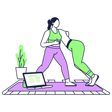 An individual is engaging in a pelvic floor workout routine at home. They are positioned on a yoga mat that is placed on a wooden floor. In front of them, there is an open laptop displaying workout instructions. The person is wearing comfortable athletic clothing consisting of a fitted top and leggings. Their hair is tied back, and they are focused and in a determined pose. To one side, there is a water bottle and a towel, indicating they are prepared for their session. A plant is placed in the background, adding a touch of nature to their home workout environment.
