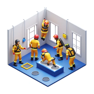 Firefighters in full gear, wearing helmets and protective suits, are engaged in practicing rescue techniques inside a training facility. They are using ropes and harnesses to simulate a high-angle rescue scenario, with one firefighter hanging from a suspended platform while others prepare below with safety equipment. Various training props, such as a mock building and safety nets, are present in the scene, providing a realistic environment for training. The atmosphere is focused and intense, showcasing the teamwork and skill involved in their practice.