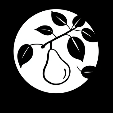 A "single pear" hanging from a "tree branch," surrounded by dark leaves that accentuate its shape. The branch extends horizontally against the backdrop of a "full moon," casting a soft light that creates delicate shadows on the pear. The moonlight filters through the foliage, enhancing the contrast between the bright pear and the dark background.