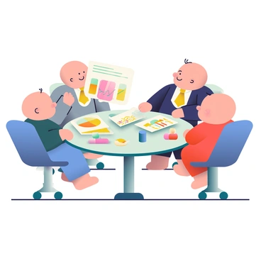 A group of four babies dressed in tiny suits is sitting around a round conference table. Each baby has a different suit color; one is in a blue suit, another in a grey suit, the third in a black suit, and the last in a red suit. They are curiously looking at vibrant charts spread out on the table, which feature various colors and illustrations. The charts display pie graphs, bar graphs, and line graphs with bright colors like yellow, green, and orange. There are also small toys scattered around the table, including colorful blocks and a plush toy, adding a playful touch to the serious setting. The babies are sitting on high chairs, and the room is lit with soft, warm lighting.
