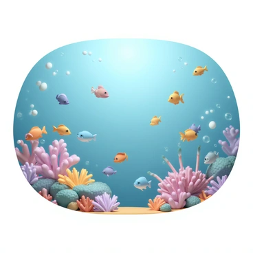 A vibrant underwater scene filled with various colorful fish swimming among bright coral reefs. The fish display a range of colors including orange, blue, yellow, and purple, each moving gracefully through the clear water. The coral reefs are intricately detailed, showcasing different shapes and textures, with shades of pink, red, and green. Sunlight filters down from the surface, creating a shimmering effect in the water. Small bubbles rise to the top, adding to the dynamic feel of the underwater environment.