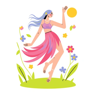 A nymph with flowing, iridescent hair dancing gracefully in a vibrant green meadow. She wears a gown made of delicate petals in shades of pink and purple. Colorful flowers in varying sizes and shapes float around her, creating a dynamic, swirling motion. Bright green leaves flutter in the air, adding to the lively atmosphere. The sun casts a warm glow over the scene, enhancing the vivid colors of the flora surrounding her.