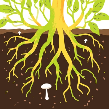 A network of roots from various tree species intertwined beneath the soil's surface. The roots display different colors and textures, with some being thick and gnarled while others are slender and smooth. Tiny white mushrooms and patches of green moss are growing among the roots, adding to the underground scene. The soil surrounding the roots is dark and rich, showcasing small pebbles and bits of organic matter. A faint glow emanates from the roots, emphasizing their interconnectedness.
