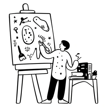 An artist standing in front of a large canvas, holding a brush in one hand and a palette in the other. The canvas showcases several medical diagrams, including detailed illustrations of human anatomy and various medical instruments. The artist is wearing a smock, with paint splatters on it, and there are various brushes and tools laid out on a nearby table. A selection of reference books and medical charts is resting on the table beside the artist.