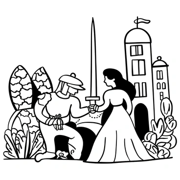 A knight in shining armor kneeling before a princess in a lush castle garden