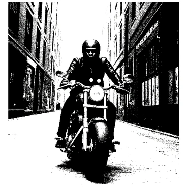 A biker is riding a motorcycle at high speed through a narrow city alley. The biker is wearing a black leather jacket and a helmet, with one hand gripping the handlebar firmly. The motorcycle has a sleek design, with noticeable details such as chrome accents and a powerful exhaust. The alley is flanked by tall, brick buildings covered in graffiti, and the ground is uneven with cobblestones. Shadows are cast on the walls from the overhead structures, adding to the sense of urgency in the scene.