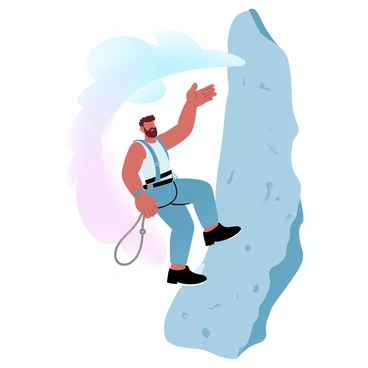 A man is climbing a steep rock face, securely attached to ropes and wearing climbing gear. He has a harness fastened around his waist and climbing shoes on his feet. The rock face is rugged and textured, dotted with small crevices and ledges. The man is reaching upward, stretching out his hand towards a grip higher on the surface. Below him, a safety rope is anchored to a sturdy rock formation. The sky above is filled with gradient pastel colors, blending softly from light blue to soft pink.