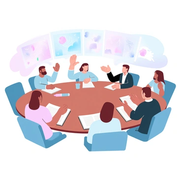 A group of illustrators is seated around a large wooden table, engaged in a weekly department meeting. Each illustrator has their portfolio open, showcasing various illustrations filled with vibrant colors and intricate designs. One illustrator is gesturing towards their portfolio while others are attentively looking at the artworks displayed. A notepad and pen are placed on the table, suggesting notes are being taken during the discussion. Soft, warm light illuminates the scene, highlighting the creativity and collaboration among the illustrators.