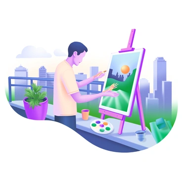 An ectomorph artist is standing on a balcony, focused on painting a cityscape on a canvas. The artist has a slender build and is wearing a light-colored shirt. The balcony is adorned with potted plants and a small easel holding the canvas. In the background, a vibrant city skyline stretches out, showcasing a mix of modern skyscrapers and historical buildings under a clear sky. The artist's palette is filled with various colors, reflecting the lively hues of the city below. Nearby, a few brushes and a cup of water sit on the balcony railing, while the warm sunlight casts gentle shadows across the scene.