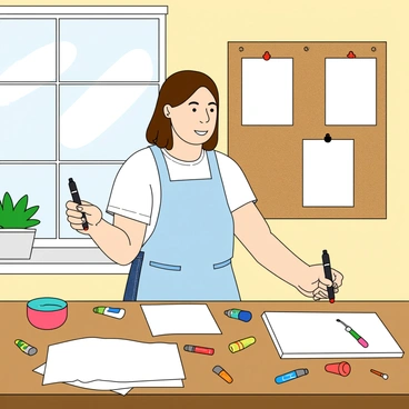Becca Hall, a young woman with light skin and shoulder-length brown hair, is standing at a wooden table covered with various art supplies. She is wearing a light blue apron over a white t-shirt and denim jeans. On the table, there are sheets of white paper, colorful markers, and a few paintbrushes. Becca holds a colorful marker in her right hand, demonstrating the first step of the DIY art project. Behind her, there is a large window letting in natural light, illuminating the workspace. Several unfinished illustrations are pinned on a corkboard in the background, showcasing the creative process.