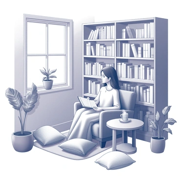 A cozy reading nook is set in a corner of a room. A person, wearing a loose-fitting kaftan, is seated comfortably in a plush armchair. The chair is positioned next to a small side table that holds a steaming mug and a few open books. Surrounding the nook, there are numerous bookshelves filled with books of various sizes and genres. Several potted plants are strategically placed nearby, adding a touch of greenery and texture to the scene. Soft cushions are scattered around the space, inviting relaxation and comfort. Natural light streams in through a nearby window, illuminating the nook.