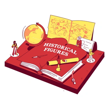 A red tabletop is covered with an array of historical artifacts, including a yellow globe, a scroll, and an ink quill. In the center, a red book titled "Historical Figures" is open, featuring colorful illustrations of various leaders and thinkers. Surrounding the book are small figurines representing figures like a yellow Cleopatra, a red Napoleon, and a yellow Einstein, each posed to engage with the viewer. A map in the background highlights ancient civilizations, and a yellow light source illuminates the scene, creating a vibrant atmosphere.