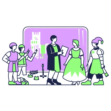 A drama teacher stands in the center of a stage, directing students during a play rehearsal. The teacher is wearing a black outfit and holding a script in one hand. Surrounding the teacher are several students dressed in various costumes, including a knight in shining armor, a princess in a flowing gown, and a jester with a colorful hat. Scattered on the stage are numerous props, such as wooden swords, crowns, and fabric pieces that represent scenery. In the background, a large backdrop depicting a castle can be seen. The students are engaged, looking towards the teacher for guidance, with expressions of concentration and excitement.