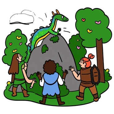A group of three adventurers is cautiously approaching a mystical creature in a lush enchanted forest. The first adventurer has light skin and long, flowing brown hair, dressed in a green tunic with a leather belt and brown boots. The second adventurer has dark skin and short curly hair, wearing a blue cloak over a simple white shirt and brown trousers. The third adventurer has fair skin and red hair tied back, clad in a sturdy brown armor with a shield slung across their back. The mystical creature is a large, iridescent dragon with shimmering scales that reflect the colors of the forest around it, perched on a large moss-covered rock. The forest is filled with towering trees with vibrant green leaves and glowing flowers, creating a magical atmosphere. The adventurers are looking at the creature with expressions of awe and curiosity, their hands poised as if ready to react.
