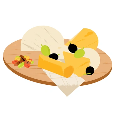 A wooden cheese board with a polished surface, displaying a variety of gourmet cheeses in different shapes and sizes. There are round slices of creamy brie cheese next to sharp cheddar cubes. Plump green and black olives are nestled within the arrangement, adding contrasting colors. A small pile of mixed nuts, including walnuts and almonds, is scattered across one corner of the board. The background features a cloth with a subtle pattern to enhance the presentation of the cheese board.
