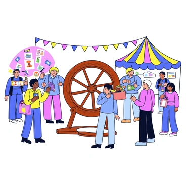 A festive scene at a traditional craft fair with a colorful spinning wheel prominently displayed. The spinning wheel is made of polished wood with intricate carvings. Around the wheel, groups of people are engaged in conversations and admiring various handmade crafts. Some people are holding shopping bags filled with unique items. Colorful tents can be seen in the background, displaying arts and crafts. The atmosphere is lively with decorations such as banners and string lights hanging overhead.