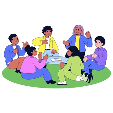 A diverse group of six people sitting in a circle on a grassy patch. Each person has a different appearance representing various ethnicities, with distinct clothing styles. In the center of the circle is a small round table with a notepad and pens. The individuals are engaged in conversation, some with raised hands as if making a point, while others listen attentively. A clear blue sky is above them, casting soft shadows on the ground.
