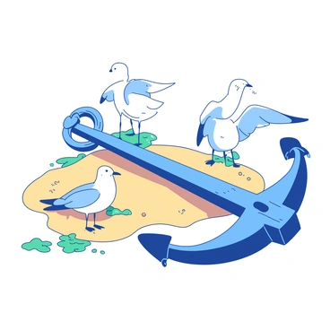 A blue old anchor rests on the sandy beach, partially covered in small patches of green seaweed. Several white seagulls are perched on the anchor, some with wings slightly spread, squawking at each other. One seagull is preening its feathers, while another tilts its head, observing its surroundings. The scene captures a bright and lively coastal atmosphere, with the sun shining down on the seagulls and the anchor.