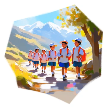 A group of Bhutanese schoolchildren in traditional blue and white uniforms is walking home along a winding mountain path. The children are laughing and chatting with one another, their backpacks slung over their shoulders. The landscape features lush green hills and distant snow-capped mountains under a clear blue sky. Sunlight filters through the trees lining the path, casting playful shadows on the ground. The children are a mix of boys and girls, with some wearing bright-colored hats. Their expressions are filled with joy and excitement as they navigate the beautiful terrain.