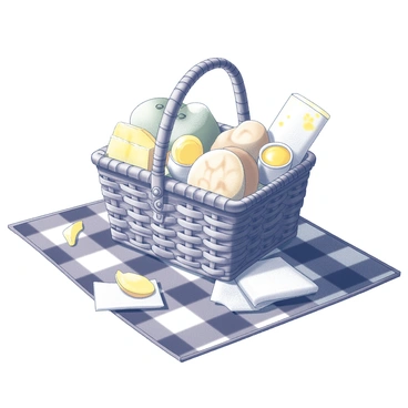 A picnic basket is placed on a checkered blanket spread across the grass. The basket is wicker, showcasing intricate weaving patterns, and is filled with an assortment of mango snacks. There are slices of fresh mango, mango puree in small containers, and mango-flavored pastries. The checkered blanket features alternating squares in a pattern, providing a cozy contrast to the natural elements surrounding it. Small details like a couple of mango peels and a napkin can be seen on the blanket, adding to the picnic atmosphere.