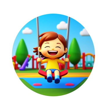 A joyful child swinging high on a swing set. The child has a big smile on their face, with their hair flowing in the wind. The swing set is sturdy, with bright red seats and chains. In the background, there are green trees and a clear blue sky, with a few fluffy white clouds. The playground has vibrant colors, with other equipment like slides and climbing structures visible. The ground is covered with soft, colorful rubber mats.