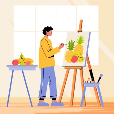 An artist with curly hair is standing in front of an easel in a sunlit studio. The canvas features a vibrant still-life composition of tropical fruits, including a pineapple, bananas, and mangos. The artist is using a brush to add details to the painting. Sunlight streams through a large window, casting soft shadows on the wooden floor. Various paint tubes and brushes are scattered on a nearby table.