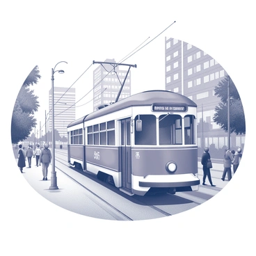 A vintage streetcar is moving along a bustling street in Toronto. The streetcar has a classic design with rounded edges and large windows. It is adorned with intricate details and visible branding. People are walking along the sidewalk, some stopping to watch the streetcar as it passes by. Nearby, there are tall buildings that add to the lively atmosphere of the city. The street is lined with trees and lampposts, enhancing the urban setting. The scene captures the vibrant energy of the city life.