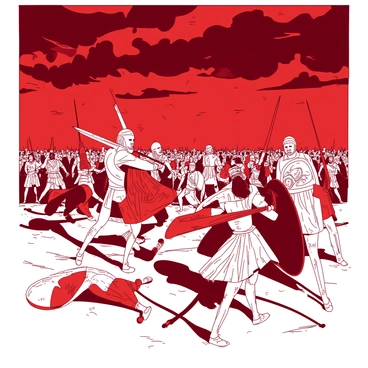 A red sky filled with dark clouds looms over a chaotic battlefield. In the foreground, a group of ancient warriors in ornate armor is engaged in fierce combat. One warrior, wielding a gleaming sword, delivers a powerful strike to an opponent. Nearby, another warrior brandishes a large shield emblazoned with intricate designs, while a third warrior raises a spear, ready to charge forward. The ground is littered with weapons and shields, and in the background, a distant army can be seen preparing to join the fray. The tension and intensity of the battle are palpable, reflecting a moment of epic historical significance.
